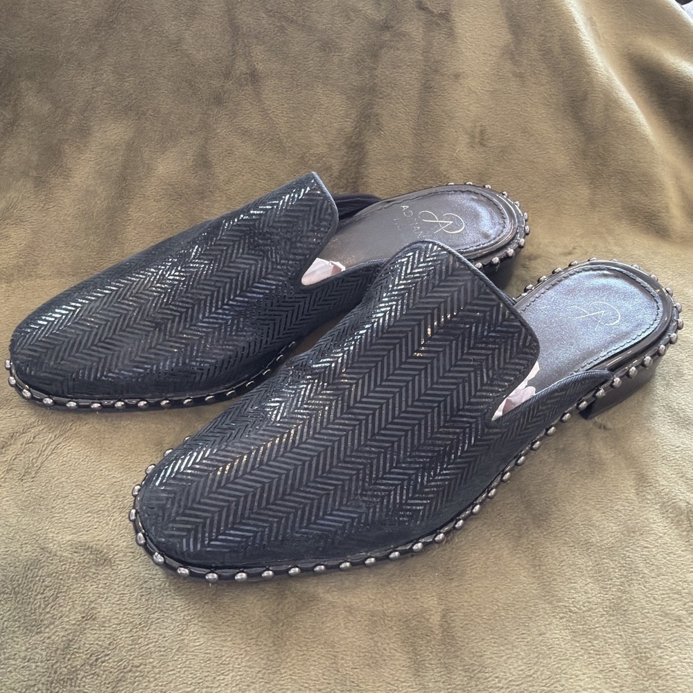 Adrianna Papell Women's Black Leather Loafer Slip On Stud Mules Sz 6.5 Preppy